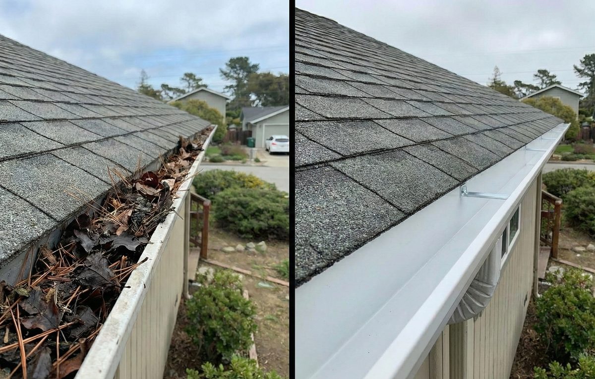 Gutter before and after cleaning
