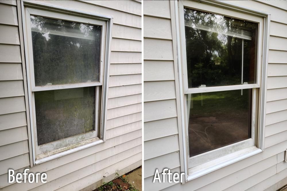 Dirty window before and after cleaning